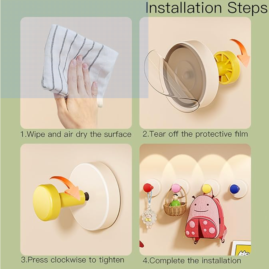 Rotating Vacuum Suction Wall Hook (Pack of 4) | Strong No-Drill Hooks